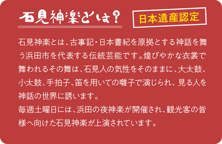 石見神楽とは、古事記・日本書紀を原拠とする神話を舞う浜田市を代表する伝統芸能です。
            煌びやかな衣裳で舞われるその舞は、石見人の気性をそのままに、大太鼓、小太鼓、手拍子、笛を用いての囃子で演じられ、 見る人を神話の世界に誘います。
            毎週土曜日には、浜田の夜神楽が開催され、観光客の皆様へ向けた石見神楽が上演されています。